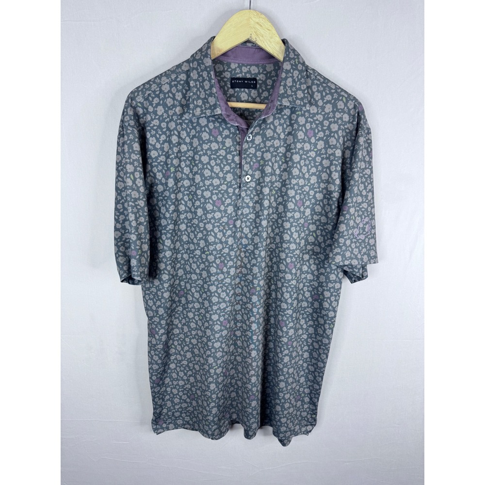 Stony Wilds Mens Floral Golf Polo Shirt Grey Purple Short Sleeve Large